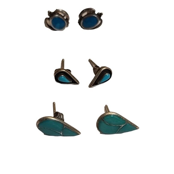 Sterling Silver Turquiose Earrings Lot set of three native american style - Picture 7 of 12